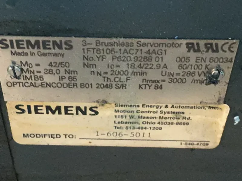 SIEMENS 2000RPM SERVO MOTOR  -  1FT6105-1AC71-4AG1