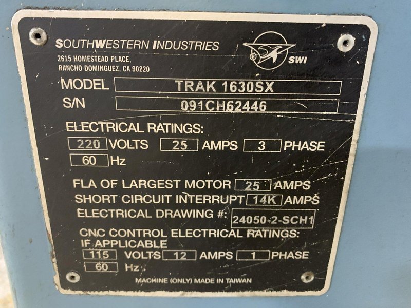 SWI TRAK TRL 1630SX CNC Flat Bed Lathe with Prototrak SLX, S/N 091 CH 62446.