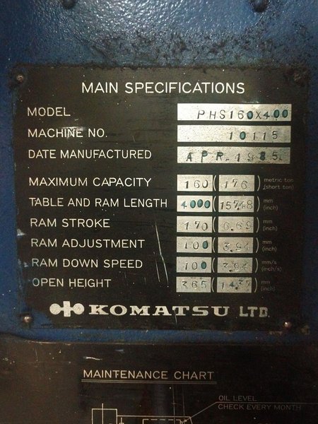 175 TON X 13&#039; KOMATSU MODEL PHS160 HYDRAULIC PRESS BRAKE. STOCK # 0631520