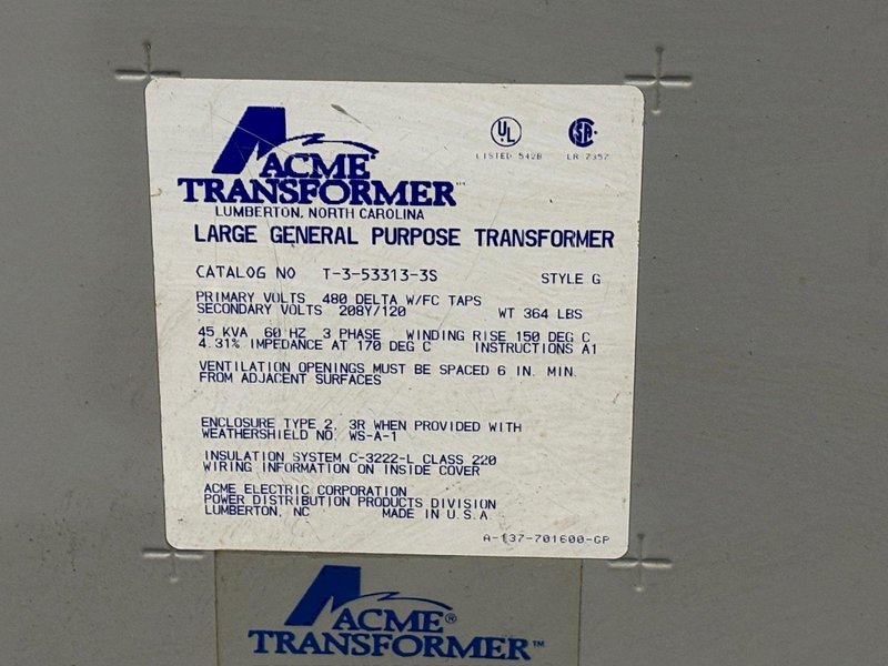 45 KVA ACME ELECTRICAL TRANSFORMER 480 DELTA &lt;-&gt; 208Y/120 VOLT: YOBRO #24368