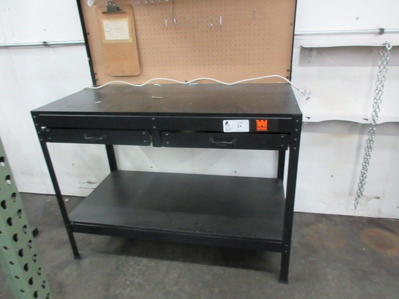 Wen Workbench, Worklight, 2 Drawers, Laminate Wood Top, Pegboard Backing with Hooks- Auction Item