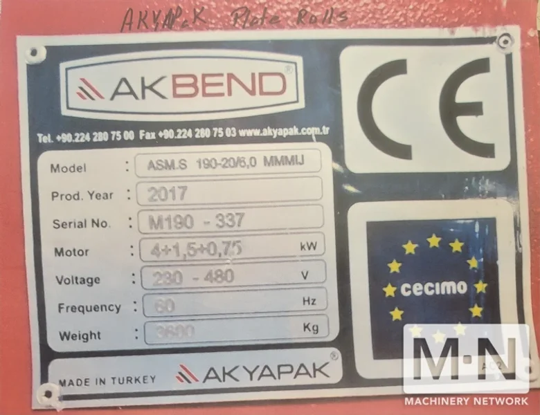 2017 AKYAPAK 190-20/6.0 MMMIJ PLATE BENDING ROLL