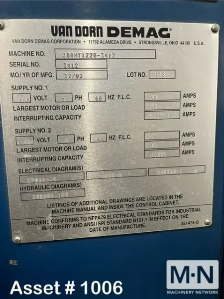 300 TON 25 OZ VAN DORN MODEL 300HT-1220 INJECTION MOLDING MACHINE MFG 2002