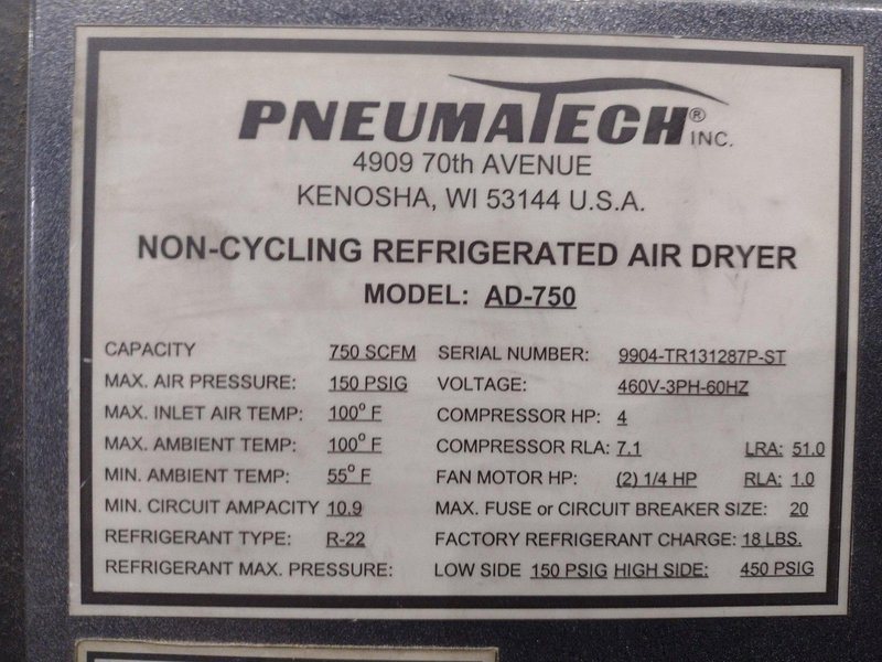 PNEUMATECH MODEL #AD-750, NON-CYCLING REFRIGERATED AIR DRYER: YOBRO #24415