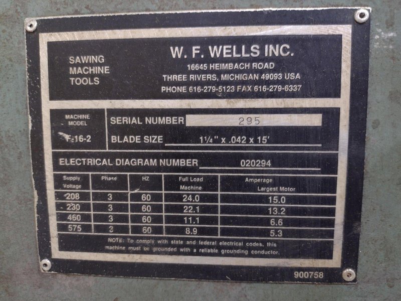 16" x 20" W.F. WELLS MODEL #F-16-2 HYDRAULIC  TWIN POST HORIZONTAL BANDSAW: STOCK #20094