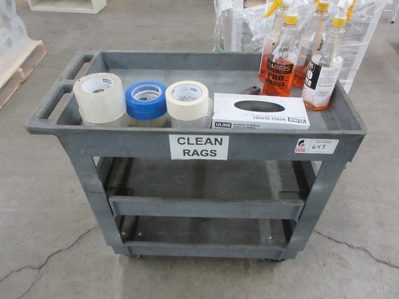 Plastic Shop Cart, 3 Shelves with Cleaning Supplies and Tape- Auction Item