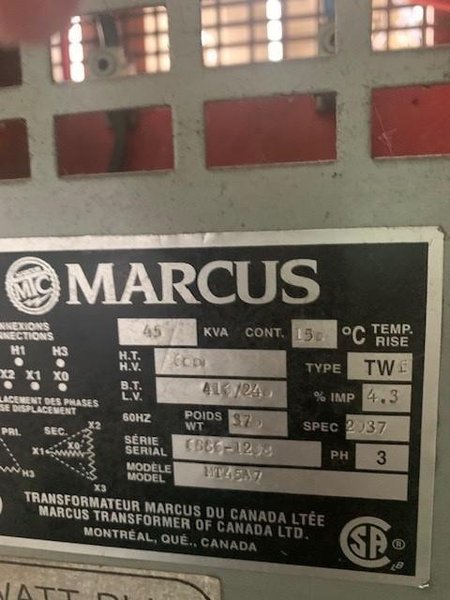 Marcus Transformer 45KVA 600V Primary to 416/240V Secondary