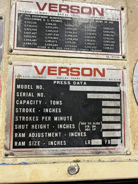 800 TON VERSON SE2-800-108-60T STRAIGHT SIDE MECHANICAL METAL STAMPING PRESS FOR SALE, PREVIOUSLY RECONDITIONED WITH UPDATED CIECO CONTROLS