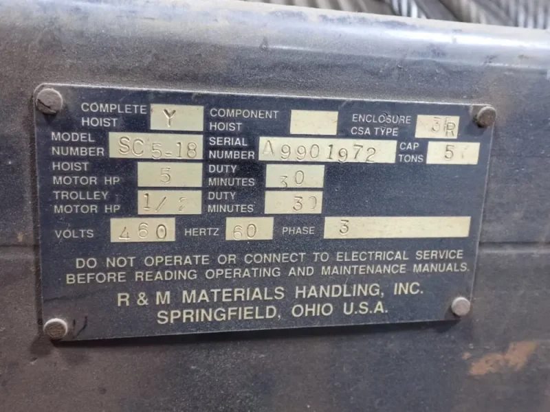 R &amp; M MATERIALS HANDLING INC. 5 TON HOIST  -  SC 518