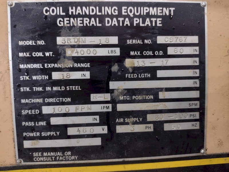 4,000 LBS X 18&quot; CWP MODEL #3RDM-18 DOUBLE END MOTORIZED COIL REEL UNCOILER: YOBRO #23973