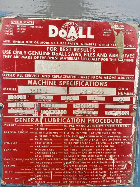 36" DOALL 3613-1 VERTICAL BANDSAW. STOCK # 0103922