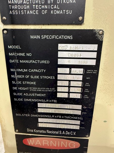 80 Ton KOMATSU OBS Press - Used Komatsu Model 80H-VS-3 Mechanical Stamping Press For Sale, Year 1996,  Under Power!