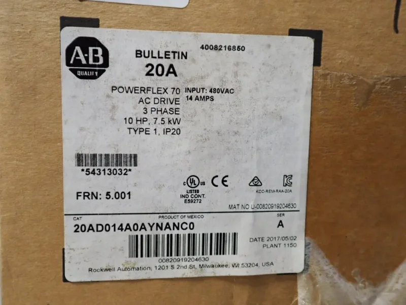 ALLEN BRADLEY 10 HP SERIES A POWERFLEX70  -  20AD014A0AYNANC0
