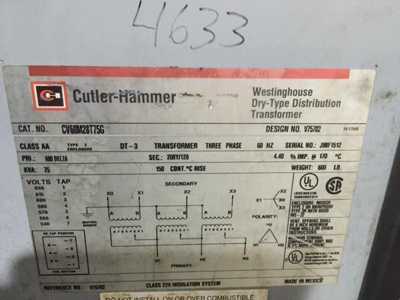 Cutler and Hammer lighting transformer  75KVA 460V Primary 
440-400 V Secondary