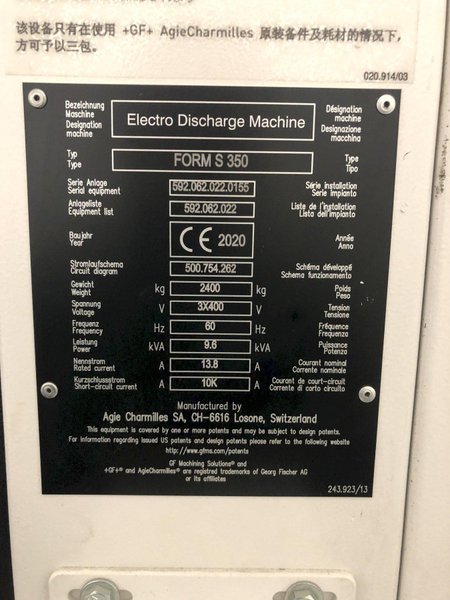 2020 AgieCharmilles FORM S 350 w/ Thermostabilized Casting and Micro Spark Control Board