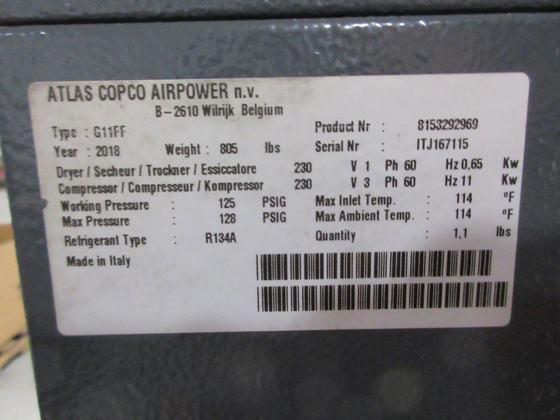 Atlas Copco G11FF 15Hp Rotary Screw Air Compressor W/ Dryer, 120 Gal Air Tank 125 PSI &amp; Spare Parts- Auction Item