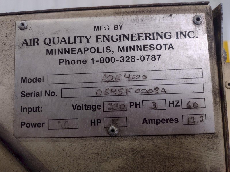 2,500 CFM 5 HP AIR QUALITY ENGINEERING MODEL #AQE4000 FUME COLLECTOR: STOCK #19648