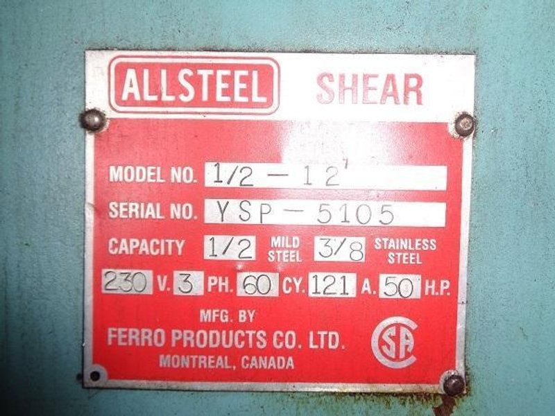1/2&quot; x 12 ft Allsteel Hydraulic Power Shear Model 1/2- 12