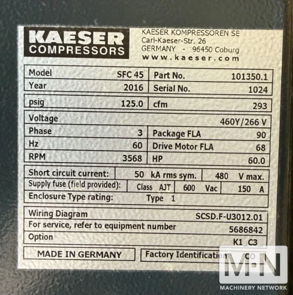 60 HP Kaeser Rotary Screw Air Compressor