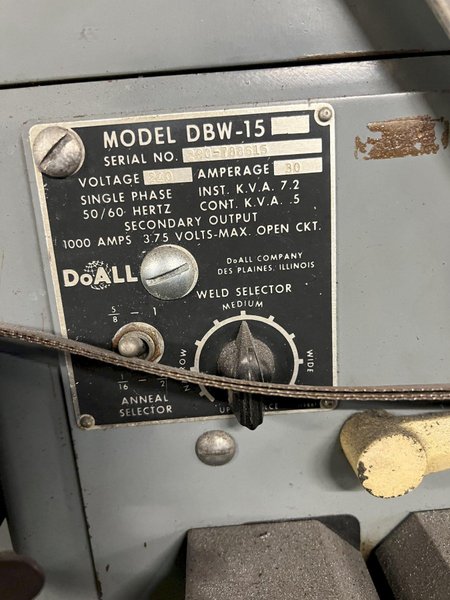 Doall model 3613-10 36" vertical band saw s/n 381-78206 with blade welder and grinder