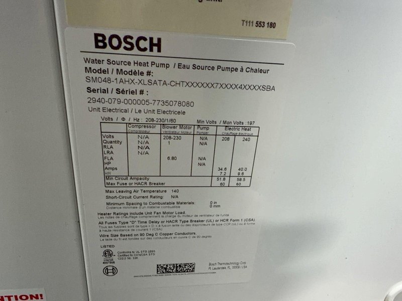 BOSCH WATER SOURCE HEAT PUMP   -  SM060-1AHX-XLSATA-CHTX