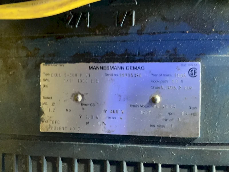 MANNESMANN DEMAG 13 FT HOOK PATH, 1000 LBS ON 1/1 FALL ELECTRIC CHAIN HOIST  -  DKUN 5-500 K V1