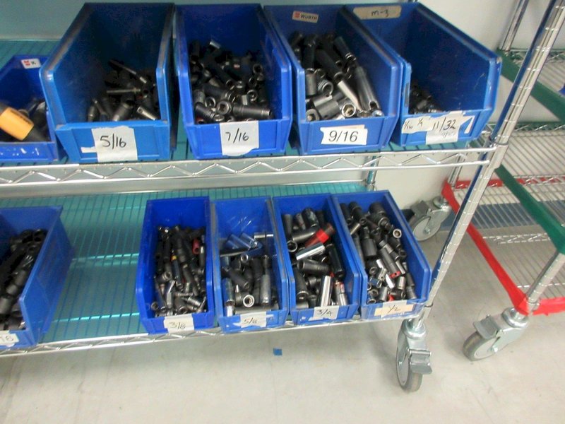Hand Tools, Large Assortment including Sockets, Driver Head, T-Handle Allen Wrenches and MORE on Uline 6-Shelf 72" x 18" x 78" Metal Wire Rolling Cart- Auction Item