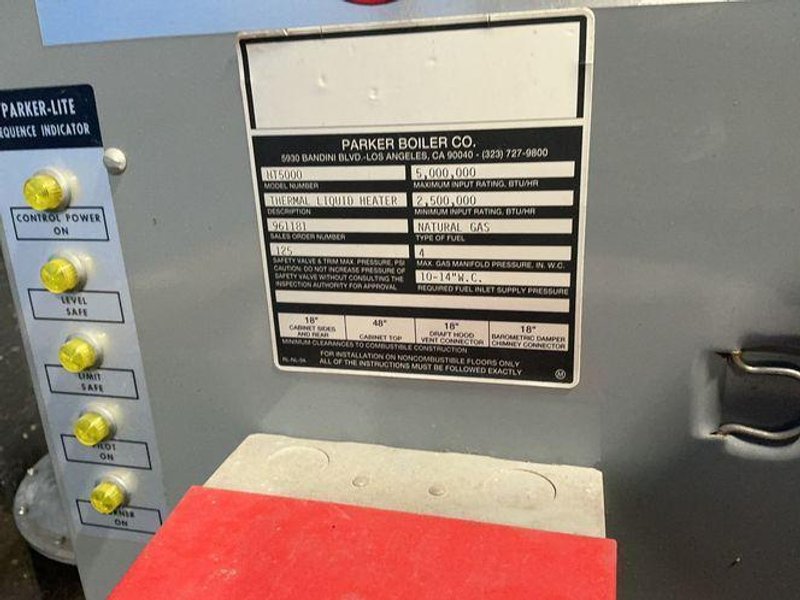 PARKER BOILER CO 5,000,000 BTU/HR INPUT, 125 PSI NATURAL GAS THERMAL LIQUID HEATER  -  HT5000
