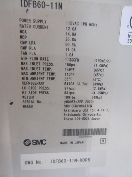 SMC Air Dryer IDFB60-11N Single Phase 115 V- Auction Item