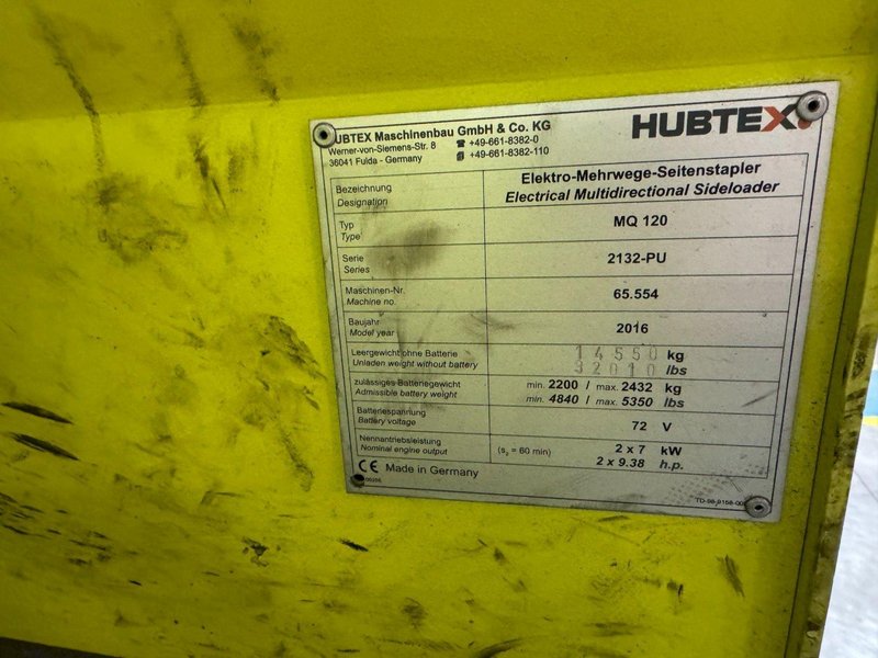 Hubtex MQ120 Series  25K Capacity Electric Side Loader W/ New Battery