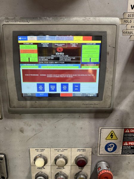 2019 Sinto model FDNX-IR right hand automatic molding machine s/n 19605411010, with hydraulic system , controls, approx. mold count 865,379, feed belt conveyor with drive