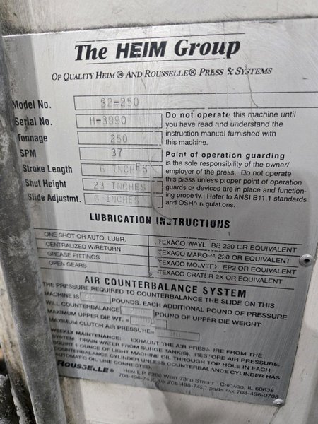 HEIM MODEL #S2-250 SSDC 6" STROKE PRESS: YOBRO #24924