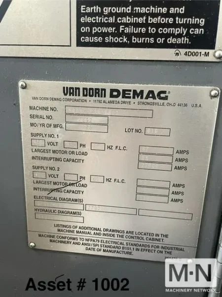 500 TON 59 OZ VAN DORN MODEL 500HT2800 INJECTION MOLDING MACHINE MFG 2000