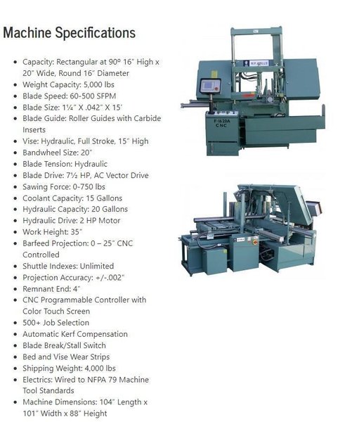 16" x 20" W.F. WELLS (NEW 2023) MODEL F-1620-A CNC AUTOMATIC HORIZONTAL BANDSAW W/ BUNDLING: STOCK #22088
