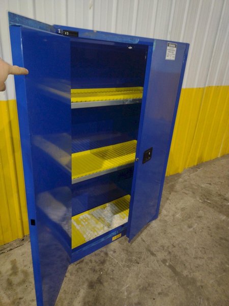 2 DOOR JUSTRITE HAZARDOUS MATERIALS STORAGE CABINET, 43” X 18” X 65” HIGH: YOBRO #24504