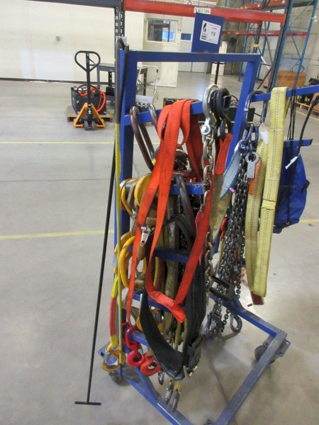 Rolling Cantilever Rack with Assorted Lifting Straps and Chains- Auction Item