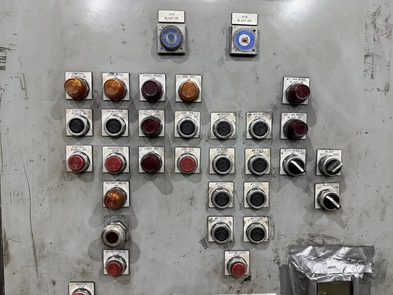 36" x 48" x 8 WHEEL PANGBORN ROTOBLAST PASS THROUGH HANGING CONVEYOR SHOT BLAST MACHINE: YOBRO #24717