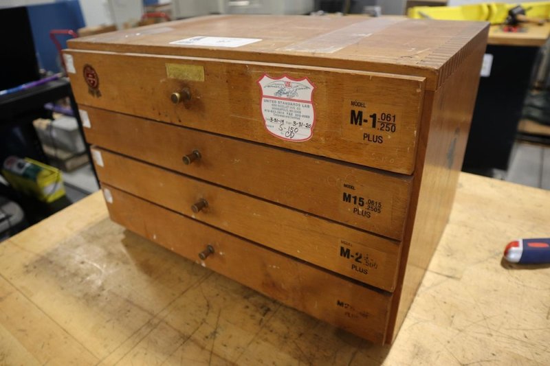 Meyer Pin / Plug Gages in Wood Cabinet: M1 Plus, M15 Plus, M2 Plus, M-25 PLus- Auction Item