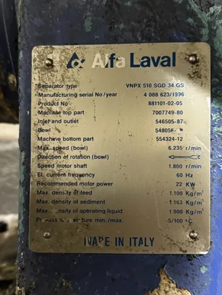 ALFA LAVAL 1996 ALFA LAVAL VNPX 510 SGD 34 GS DISC CENTRIFUGE  -  VNPX 510 SGD 34 GS