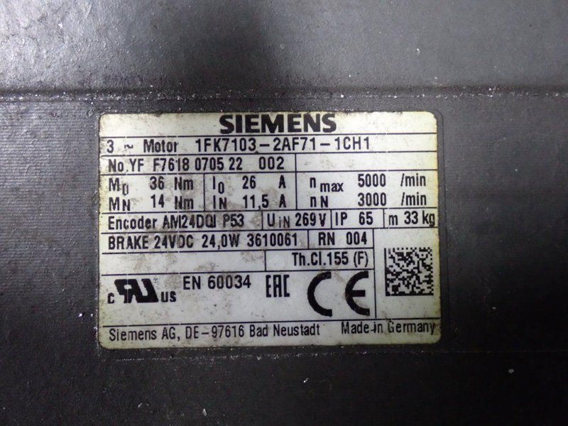 SIEMENS 5000 RPM SERVO MOTOR  -  AFK7103-2AF71-1CH1