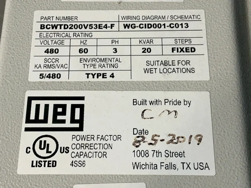 WEG POWER FACTOR CORRECTION CAPACITOR  -  BCWTD200V53E4-F