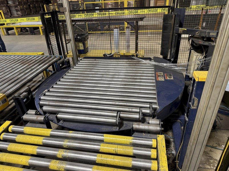 50" x 48" x 92" HIGH LANTECH QL AUTOMATIC SHRINK WRAPPER WITH IN-FEED &amp; OUT-FEED CONEYOR. STOCK # 0980426
