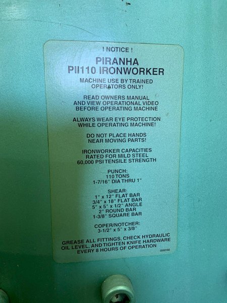 110 TON PIRANHA PII110 HYDRAULIC IRONWORKER: STOCK #81006