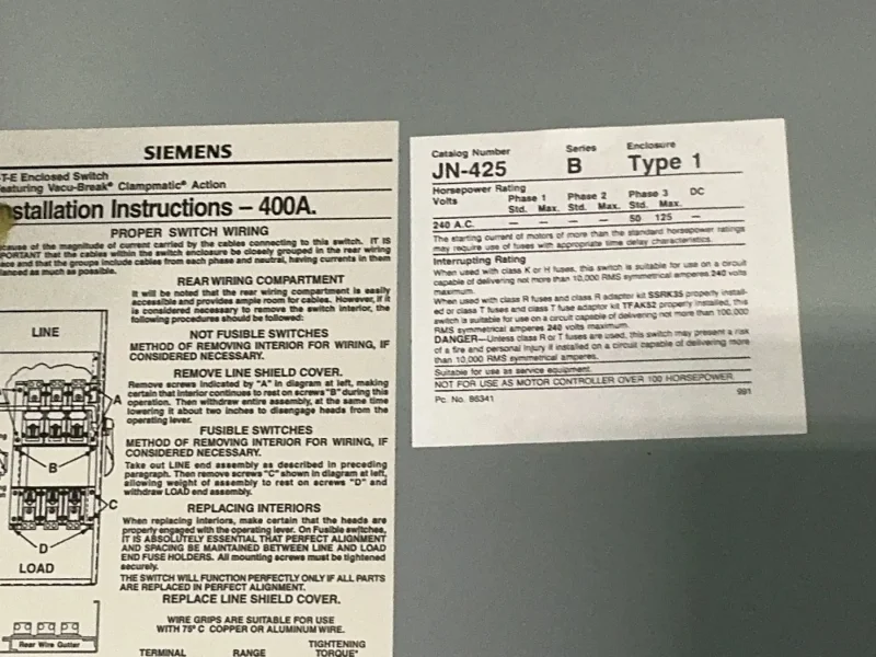 SIEMENS 400 AMPS SERIES B I-T-E ENCLOSED SAFETY SWITCH GENERAL DUTY   -  JN-425