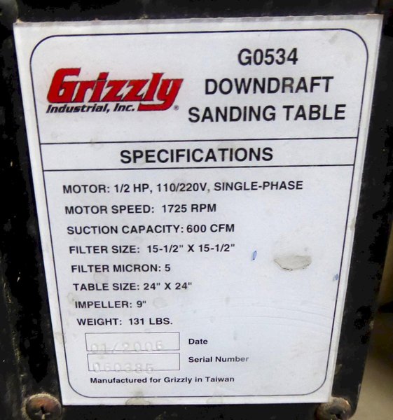 Grizzly Downdraft Sanding Table G0534, 600 CFM, 24&quot; x 24&quot; Tbl., 1 Phase