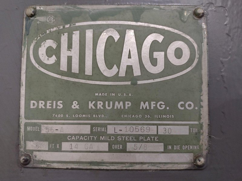 30 TON X 6' X 14 GAUGE CHICAGO DREIS &amp; KRUMP MODEL #56-A MECHANICAL PRESS BRAKE: STOCK #22761
