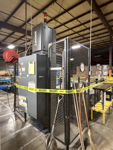 50" x 48" x 92" HIGH LANTECH QL AUTOMATIC SHRINK WRAPPER WITH IN-FEED &amp; OUT-FEED CONEYOR. STOCK # 0980426