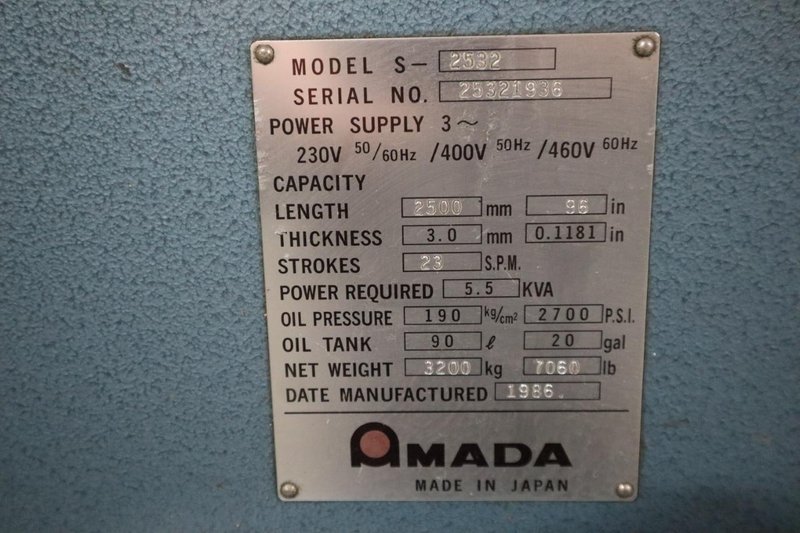 Amada S-2532 8&#039;x11 Gauge Hydraulic Shear, Front Operated Power Backgauge, Squaring Arm- Auction Item