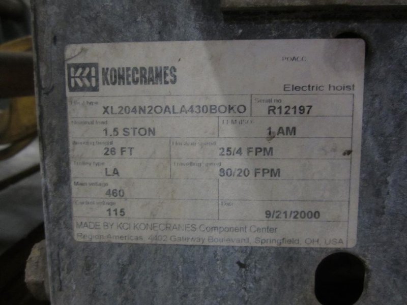 1.5 TON HOIST X 24' 2 TON KONE UNDERSLUNG CRANE: STOCK #51776