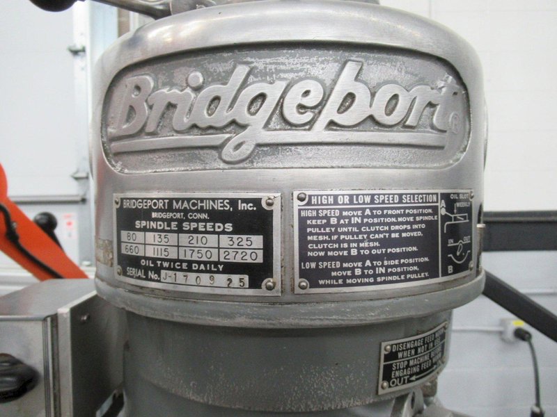 Bridgeport 1J Vertical Knee Mill, Acu-Rite Millmate 2-Axis DRO, X-Axis Power Feed, Power Quill Feed